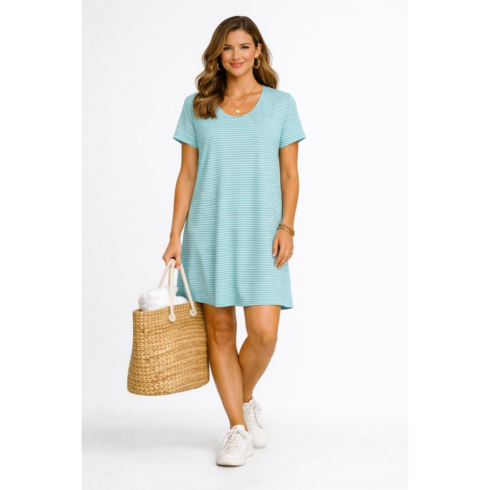 Talbots T-Shirt Dress Womens Large Aqua Blue Stripe Coastal‎ Resortwear Beachy